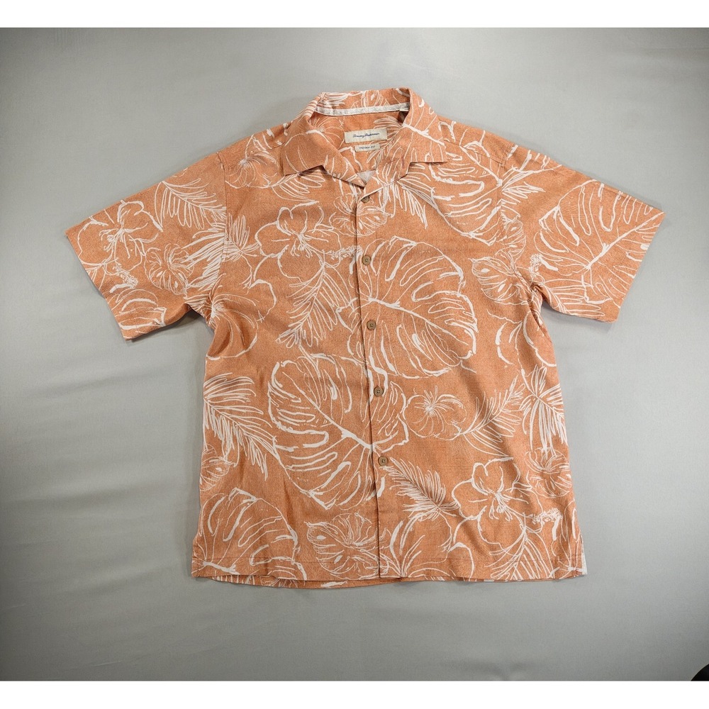 Tommy Bahama Mens Silk Hawaiian Shirt M Orange Palm Tree Button Up 70% Silk